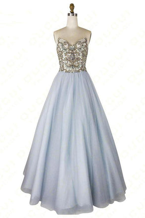 A-line Sweetheart Beaded Light Blue Long Prom Dress Unique Formal Gowns INR55