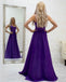 A-line Spaghetti Straps Grape Long Satin Prom Dress Lace Top Formal Gowns INR54