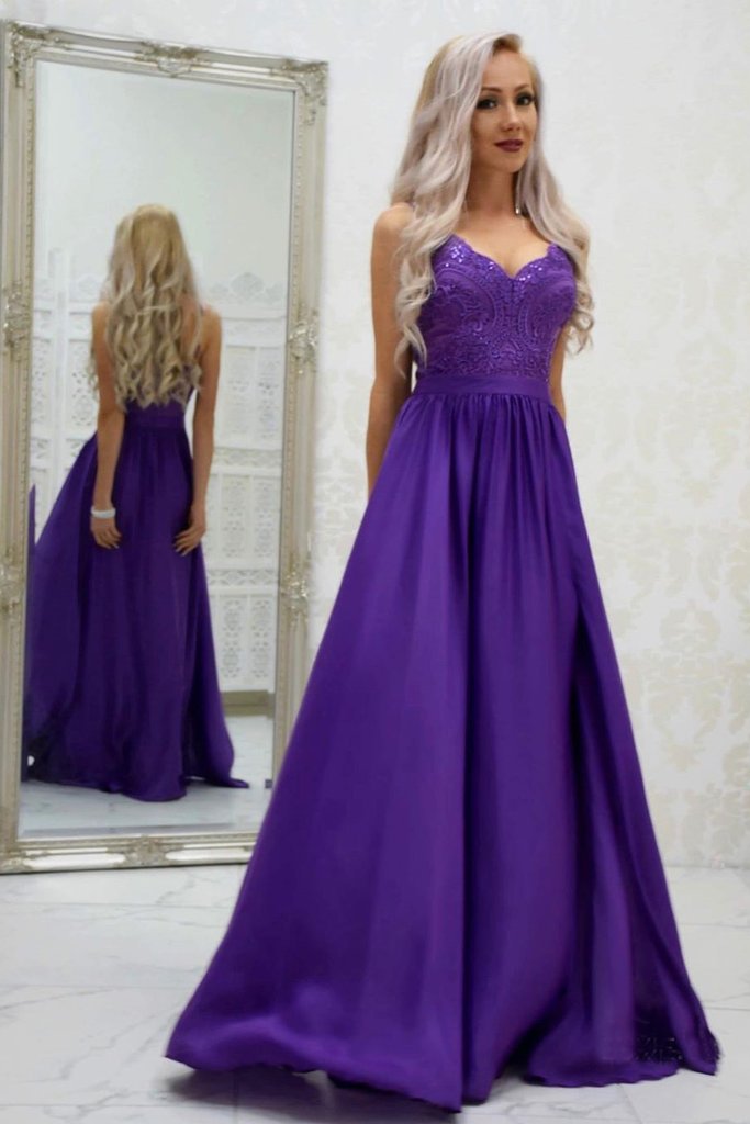 A-line Spaghetti Straps Grape Long Satin Prom Dress Lace Top Formal Gowns INR54