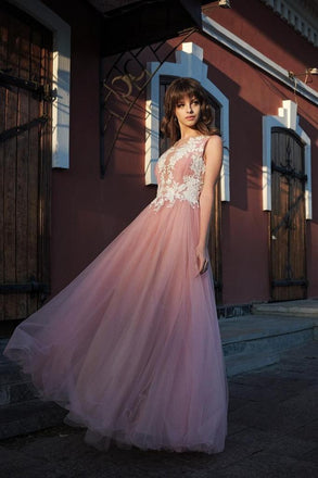 A-line Bateau Pink Tulle Long Prom Dress Applique Formal Gowns INR53