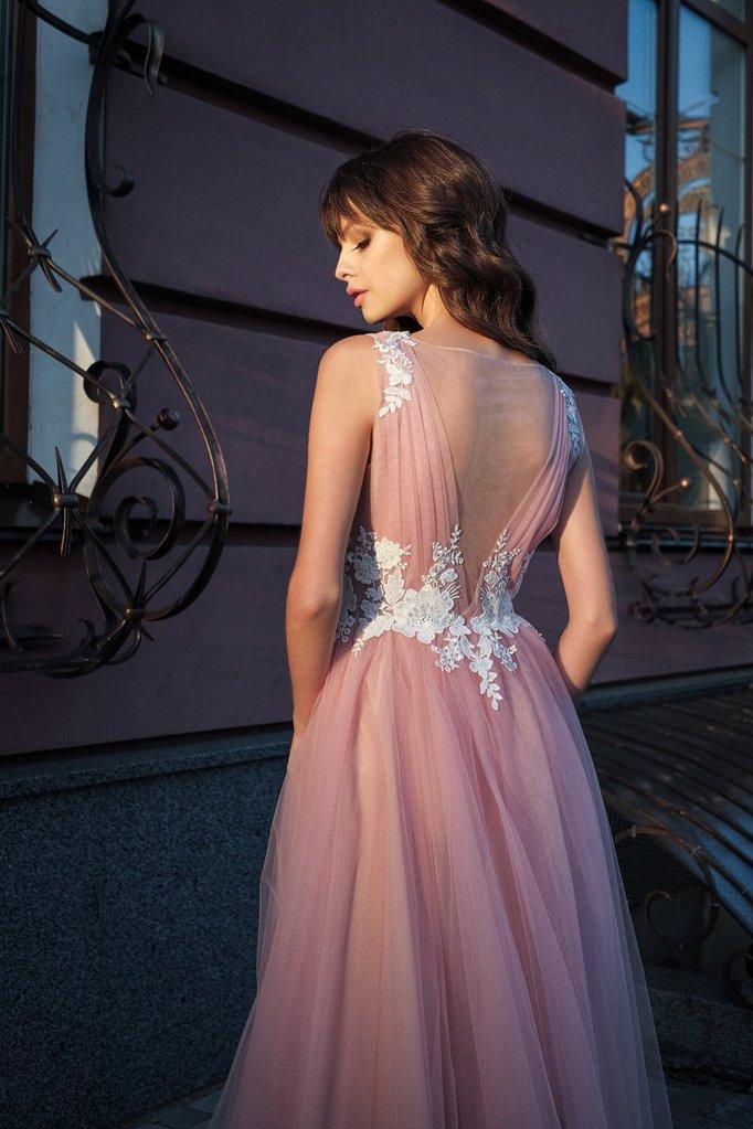 A-line Bateau Pink Tulle Long Prom Dress Applique Formal Gowns INR53