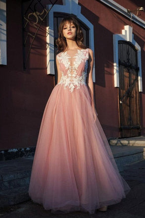 A-line Bateau Pink Tulle Long Prom Dress Applique Formal Gowns INR53