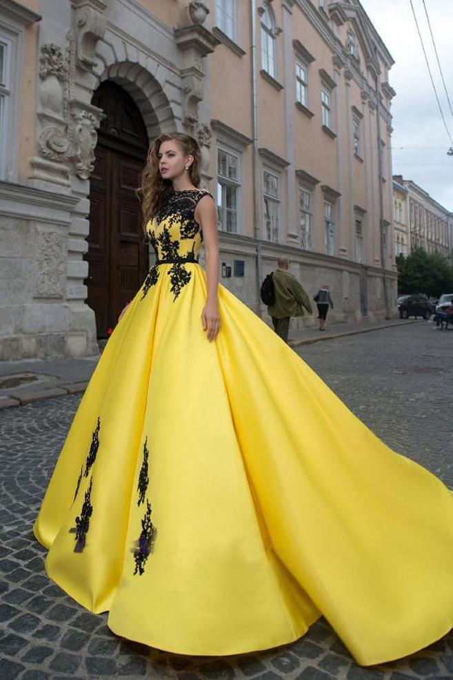 A-line Bateau Yellow Lace Appliques Ball Gowns Prom Dresses Quinceanera Formal Dress INR72