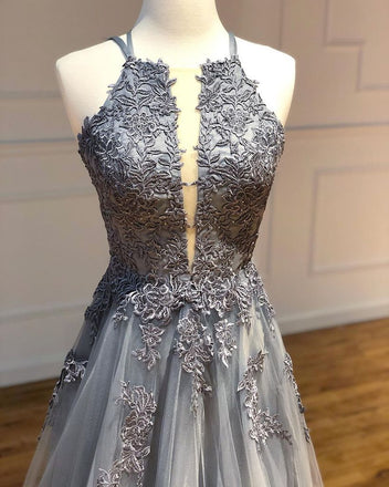 A-line Spaghetti Straps Lace Appliques Grey Tulle Long Prom Dress Party Dresses INR70
