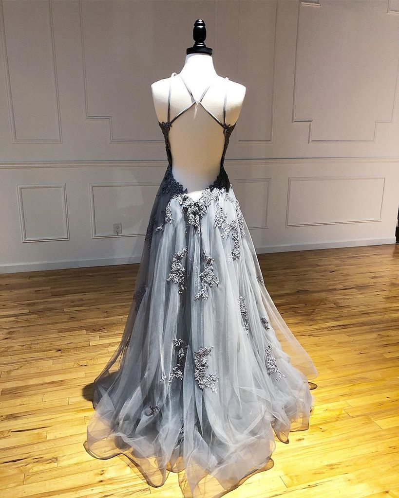 A-line Spaghetti Straps Lace Appliques Grey Tulle Long Prom Dress Party Dresses INR70