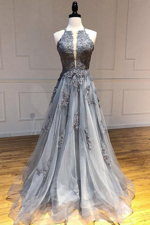 A-line Spaghetti Straps Lace Appliques Grey Tulle Long Prom Dress Party Dresses INR70
