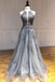 A-line Spaghetti Straps Lace Appliques Grey Tulle Long Prom Dress Party Dresses INR70