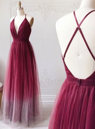 A-line Spaghetti Straps Ombre Long Tulle Prom Dress Party Dresses INR69
