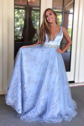 A-line V neck Applique Beading Sky Blue Tulle Long Prom Dress Party Dresses INR68