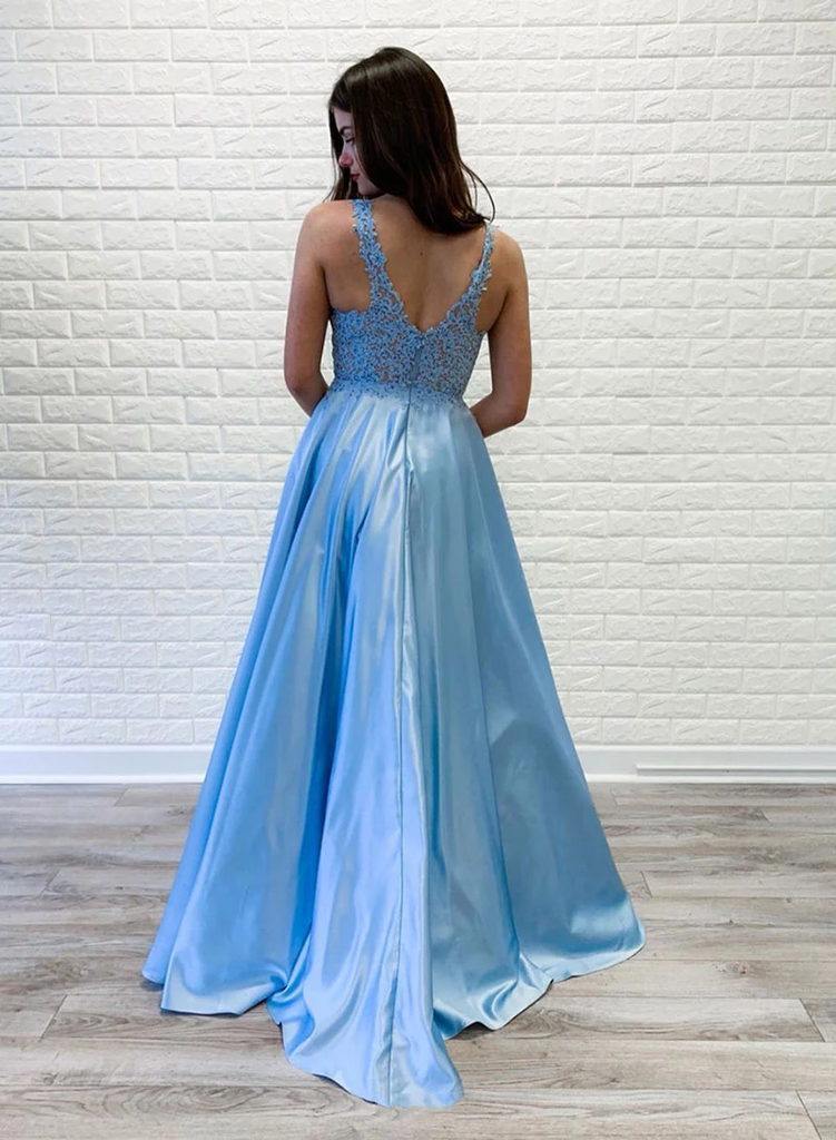 A-line V neck Lace Appliques Long Satin Prom Dress Blue Evening Party Dresses INR67