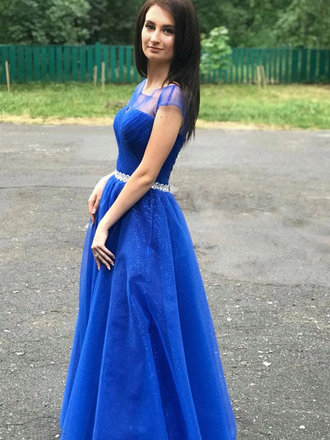 A-line Cap Sleeves Royal Blue Long Prom Dress Beaded Evening Dresses INR65