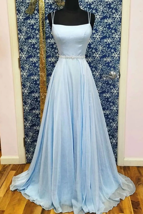 A-line Spaghetti Straps Light Sky Blue Long Simple Prom Dress Evening Gowns INR66