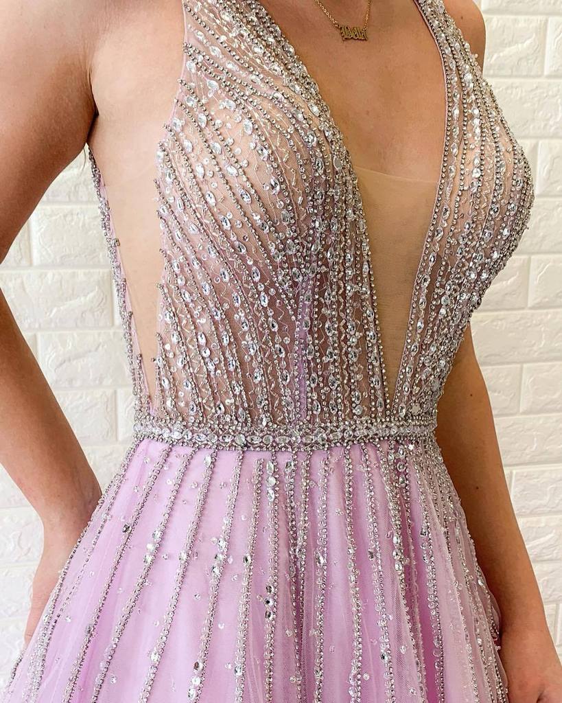 A-line V Neck Lilac Long Prom Dress Tulle Beaded Evening Gowns INR64
