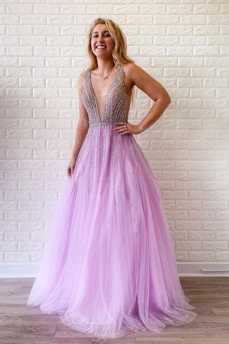 A-line V Neck Lilac Long Prom Dress Tulle Beaded Evening Gowns INR64