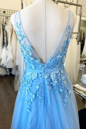 A-line V Neck Blue Long Prom Dress Applique Tulle Evening Dresses INR63