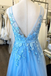 A-line V Neck Blue Long Prom Dress Applique Tulle Evening Dresses INR63