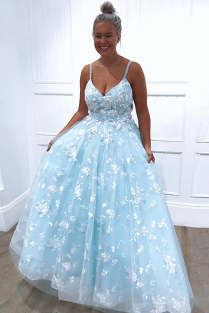 Spaghetti Straps Sky Blue Floral Appliques Long Prom Dress Evening Dresses INR61