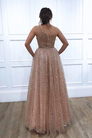 A-line One Shoulder Sparkly Long Sequins Prom Dress Evening Dresses INR62