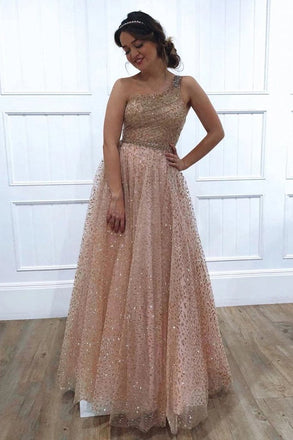 A-line One Shoulder Sparkly Long Sequins Prom Dress Evening Dresses INR62