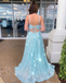 Spaghetti Straps Sky Blue Prom Dresses With Slit Sparkly A Line Formal Dress INR59