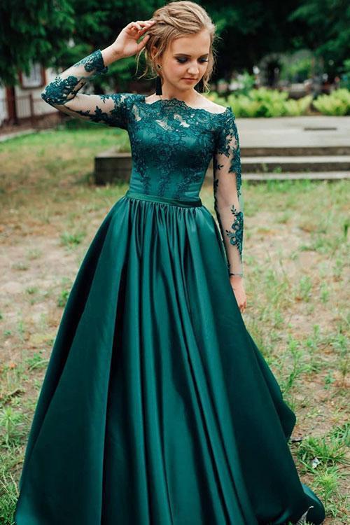 A Line Long Sleeves Dark Green Satin Appliques Prom Dress Evening Dress INR46