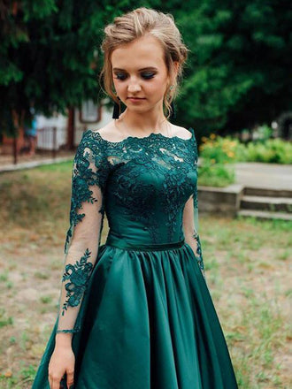 A Line Long Sleeves Dark Green Satin Appliques Prom Dress Evening Dress INR46