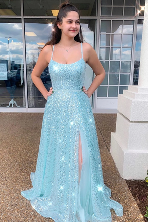 Spaghetti Straps Sky Blue Prom Dresses With Slit Sparkly A Line Formal Dress INR59