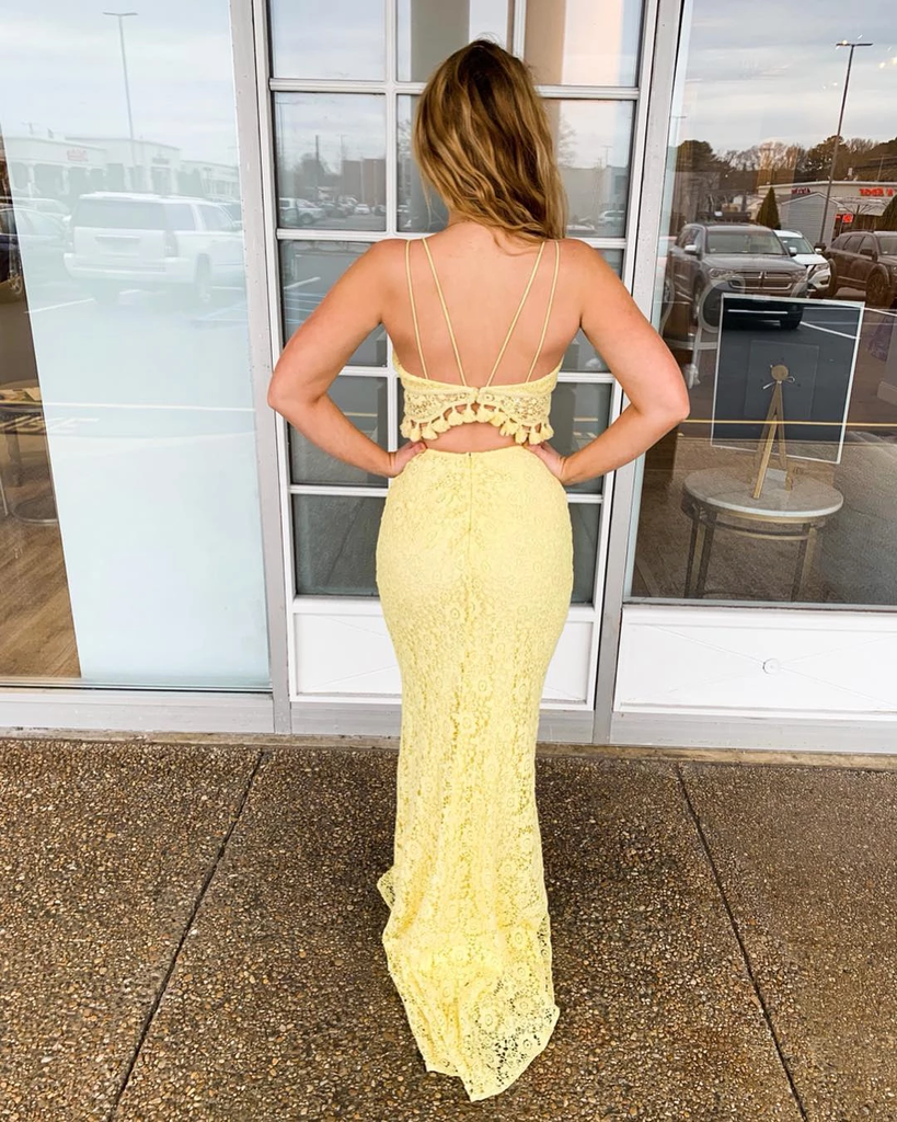 Two Piece Spaghetti Straps Yellow Lace Long Mermaid Prom Dresses INR58