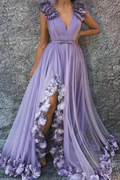 A Line V Neck Long Flowers Rushed Prom Dress With Silt Evening Dresses INR47