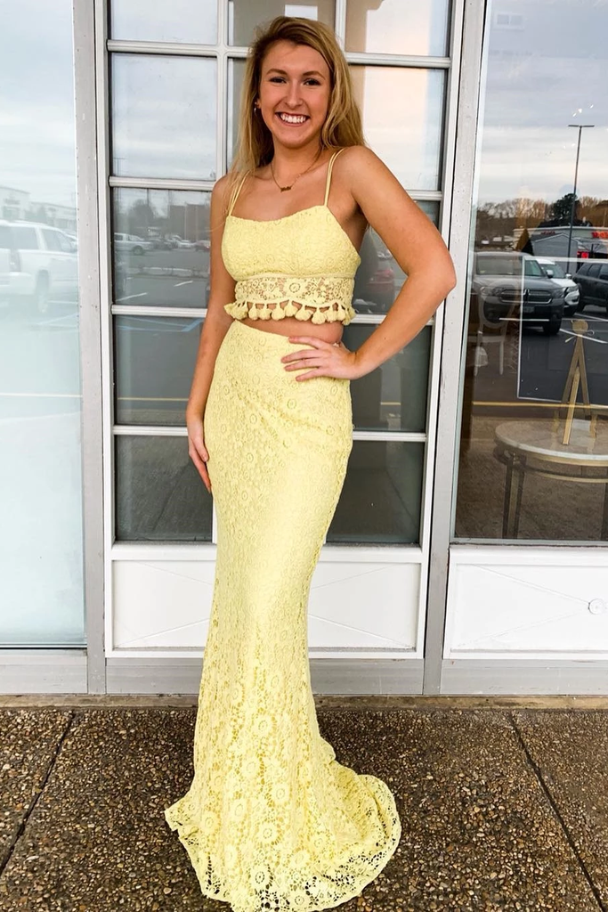 Two Piece Spaghetti Straps Yellow Lace Long Mermaid Prom Dresses INR58