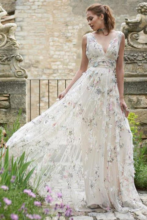 A Line V Neck Lace Appliques Long Off White Prom Dress Evening Dresses INR48