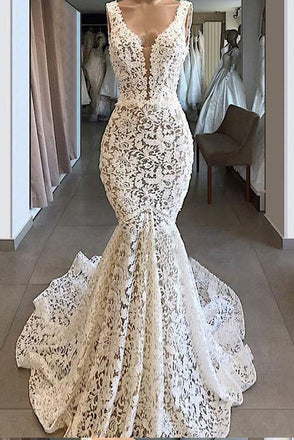 Trumpet/Mermaid V neck Ivory Lace Long Prom Dress Evening Dresses INR50