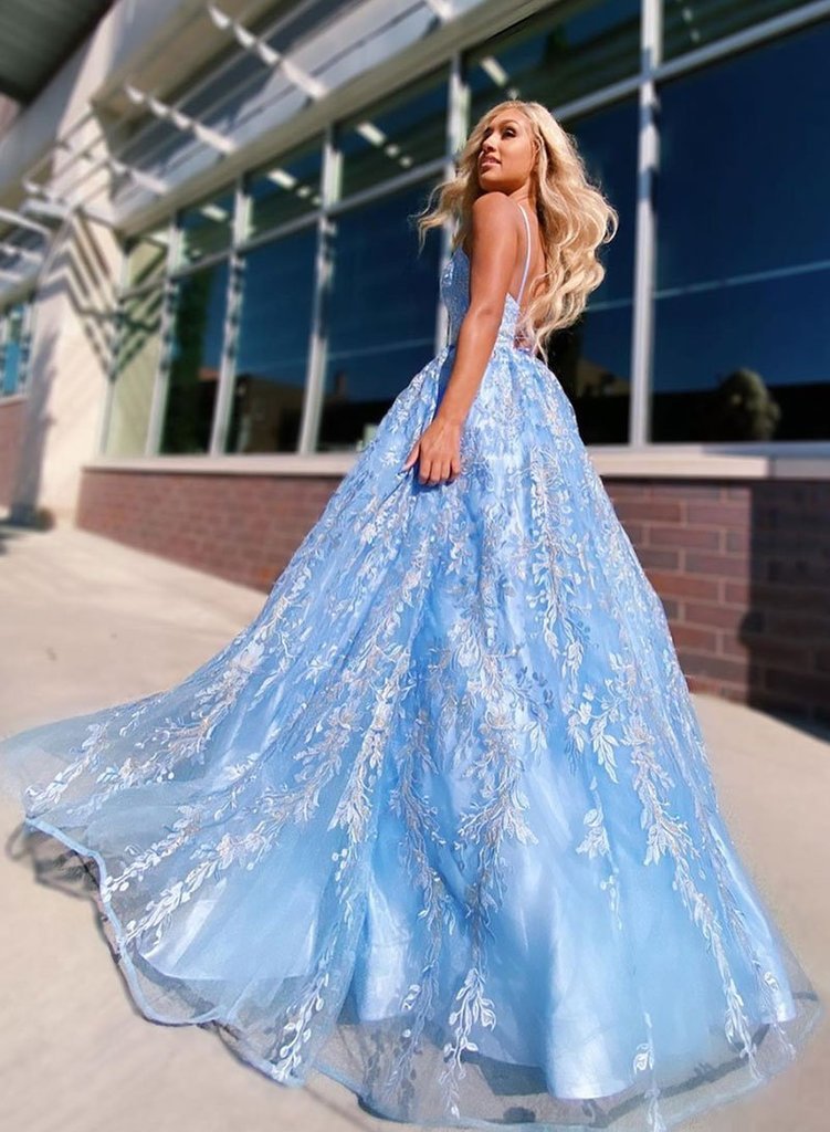 A-line Spaghetti Straps Lace Appliques Sky Blue Long Prom Dress Evening Dresses INR51