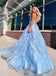 A-line Spaghetti Straps Lace Appliques Sky Blue Long Prom Dress Evening Dresses INR51