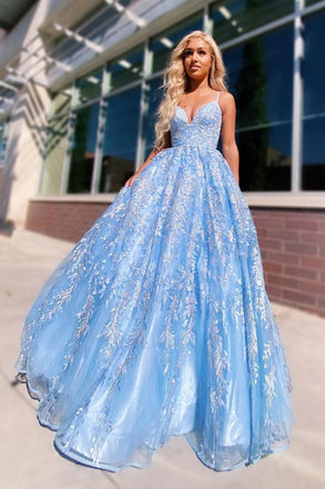 A-line Spaghetti Straps Lace Appliques Sky Blue Long Prom Dress Evening Dresses INR51