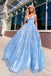 A-line Spaghetti Straps Lace Appliques Sky Blue Long Prom Dress Evening Dresses INR51