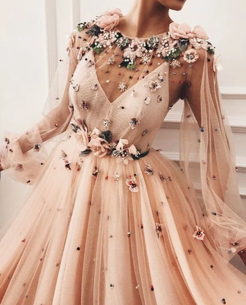 A line Long Sleeves Prom Dresses 3D Flowers Prom Dresses Formal Evening Dress INR44