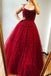 Burgundy Spaghetti Straps Beaded Long Prom Dress A Line Formal Evening Gowns INS73