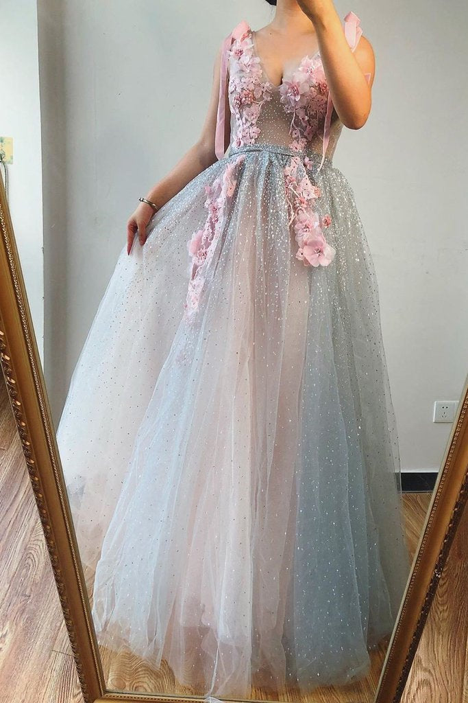 A-line V Neck Beaded Pink Flowers Long Prom Dress Beautiful Evening Gowns INS71