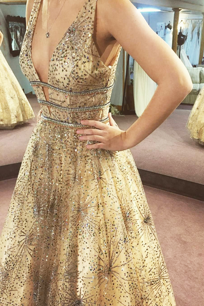 Charming A-line V neck Sparkly Tulle Evening Dresses Long Sequins Prom Dress INS17