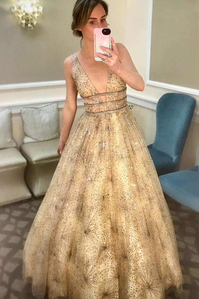 Charming A-line V neck Sparkly Tulle Evening Dresses Long Sequins Prom Dress INS17