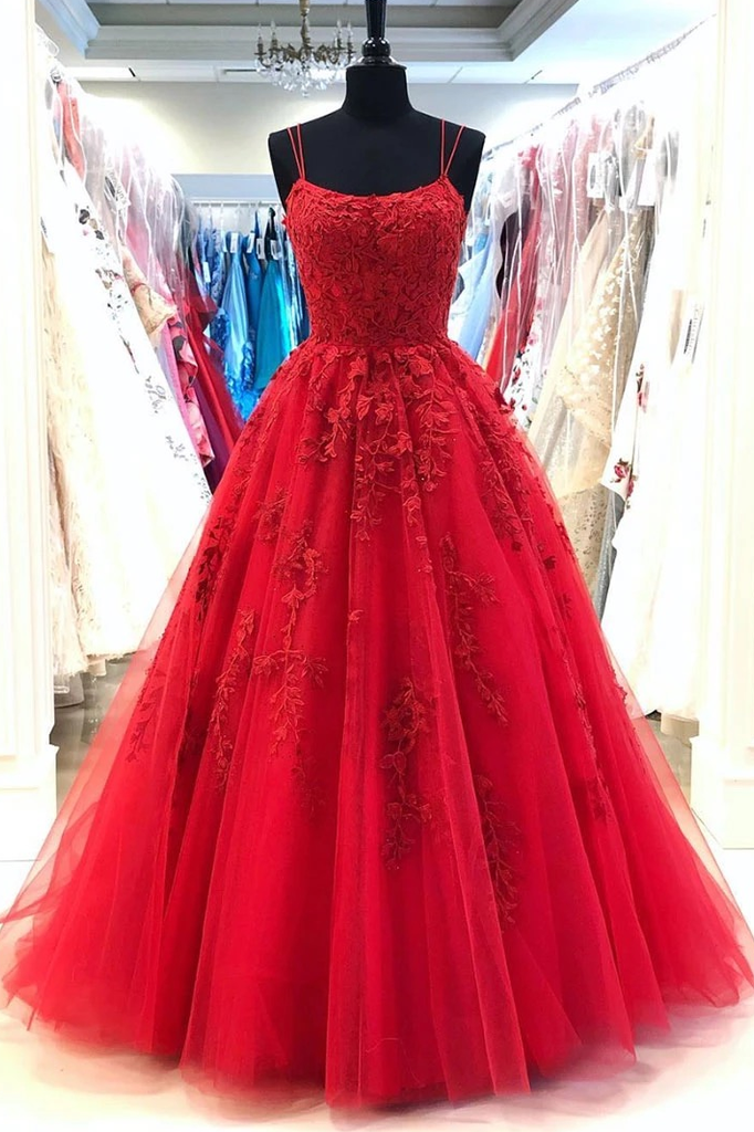 Red Spaghetti Straps Tulle Lace Appliques Modest Evening Dresses Long Prom Dress INR99