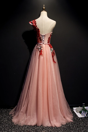 A Line Pink One Shoulder Tulle Red Applique Long Prom Dresses Evening Dress INR97