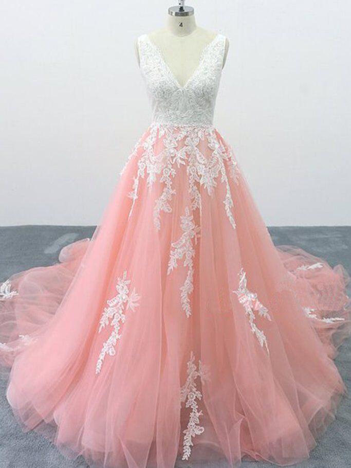 A-line V Neck Pink Tulle Lace Appliques Cathedral Train Formal Prom Dresses INS2