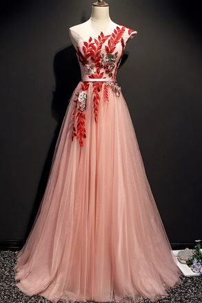 A Line Pink One Shoulder Tulle Red Applique Long Prom Dresses Evening Dress INR97