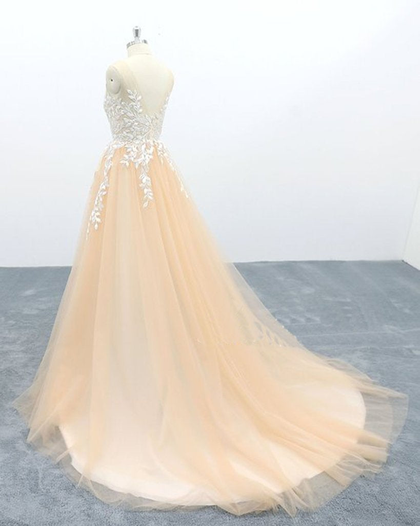 A Line Tulle Lace Appliques Sweep Train Evening Dresses Senior Prom Dress INS1