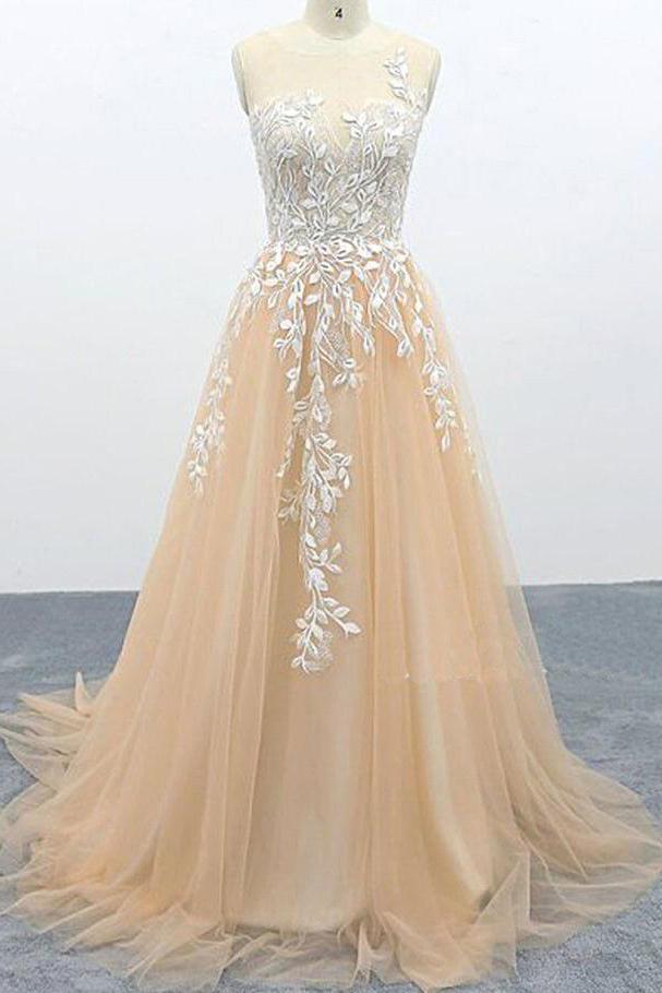 A Line Tulle Lace Appliques Sweep Train Evening Dresses Senior Prom Dress INS1