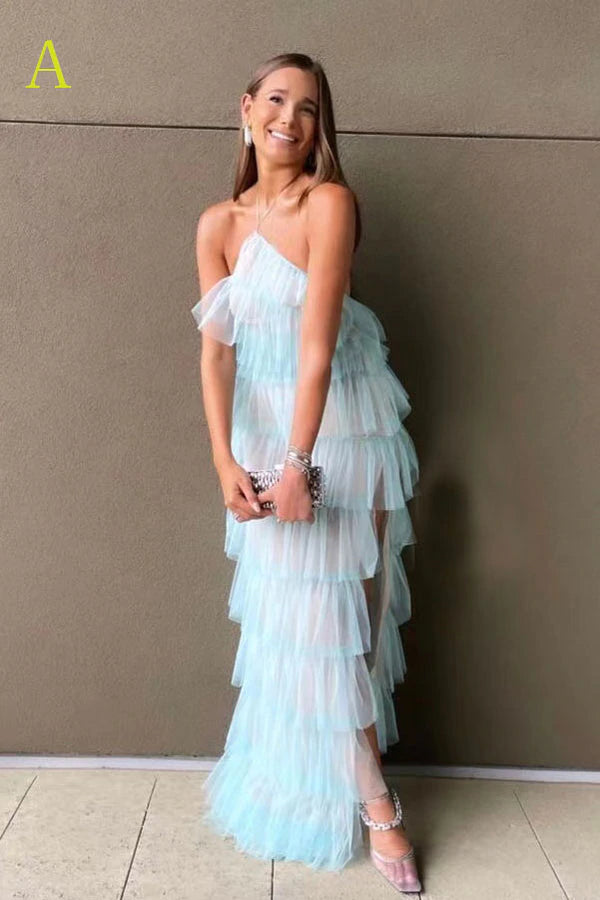 Beautiful Halter Ruffles Tulle Prom Dresses with Slit, Long Evening Party Dress INDP10