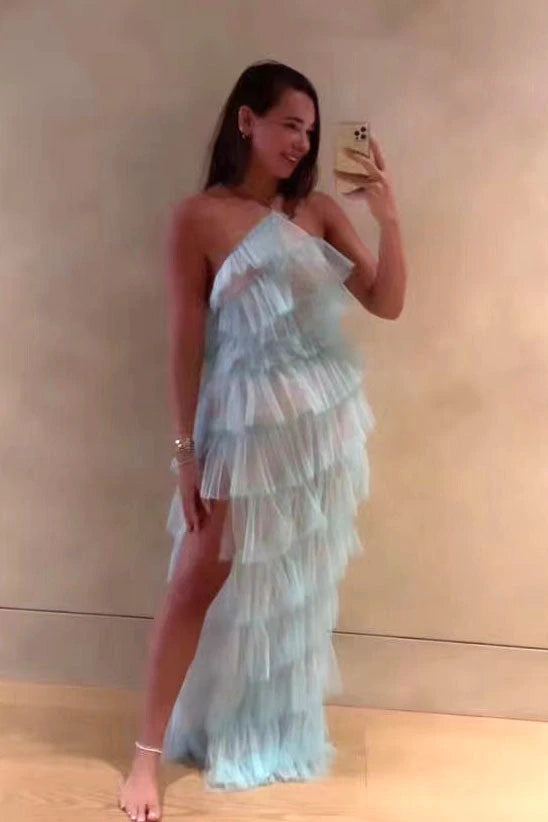 Pink Halter Ruffles Tulle Prom Dresses with Slit, A Line Long Backless Party Dress INDP11