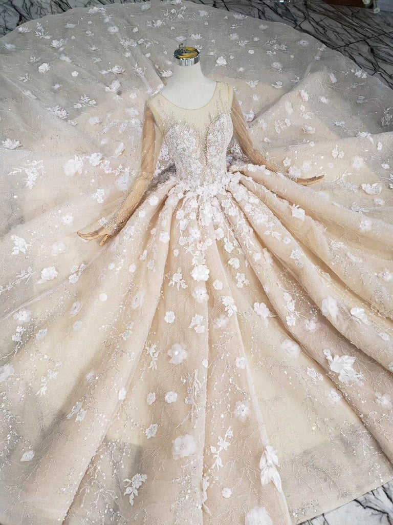 Princess Long Sleeves Ball Gown Wedding Dresses, Floral Appliques Wedding Gown INJ95